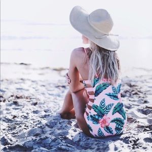 Pink floral one piece bathing suit
